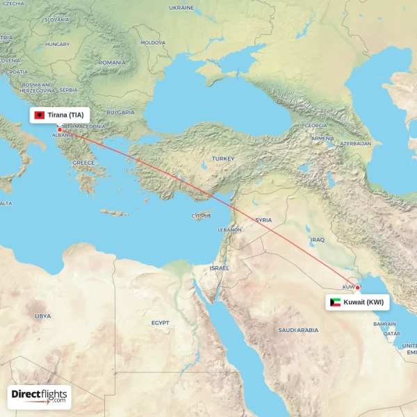 Kuwait - Tirana direct flight map