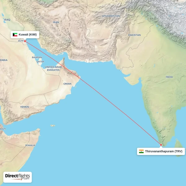 Kuwait - Thiruvananthapuram direct flight map
