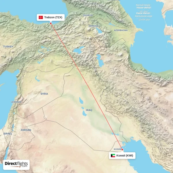 Kuwait - Trabzon direct flight map