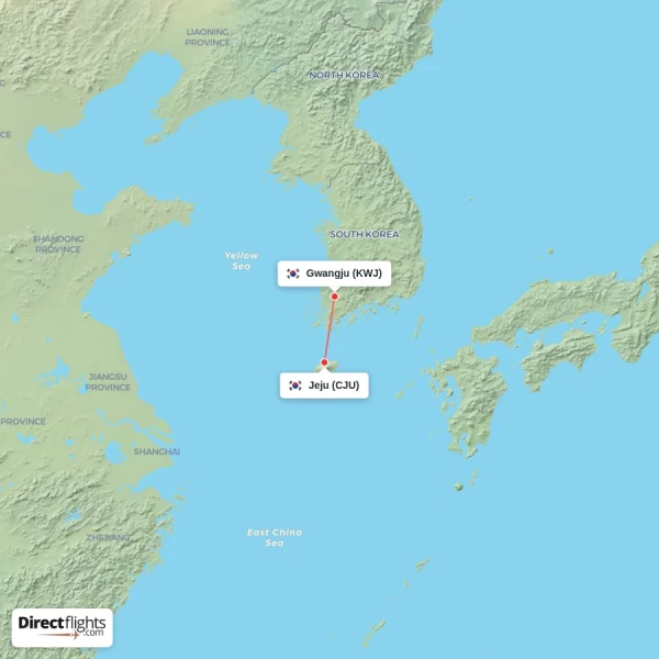 Gwangju - Jeju direct flight map