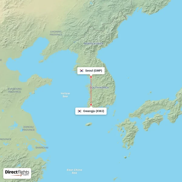Gwangju - Seoul direct flight map