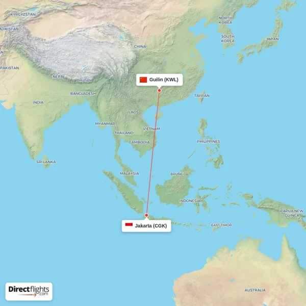 Guilin - Jakarta direct flight map