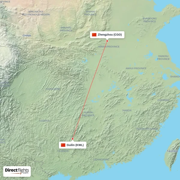 Guilin - Zhengzhou direct flight map