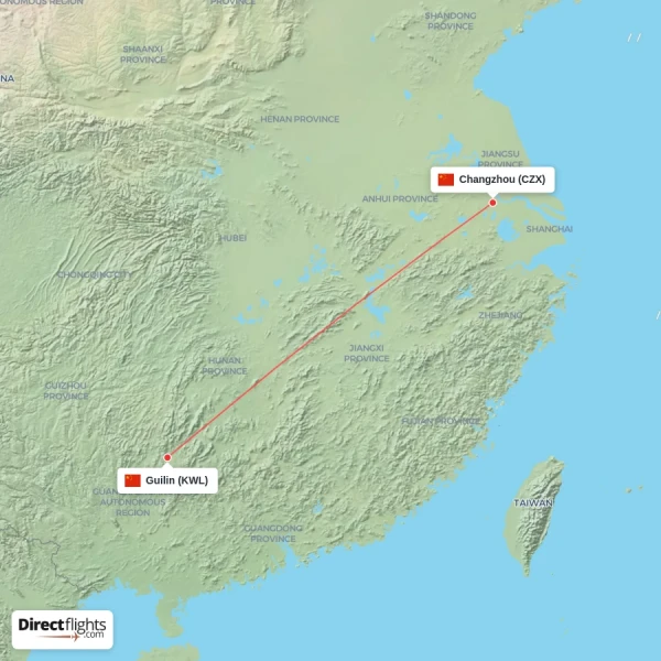 Guilin - Changzhou direct flight map