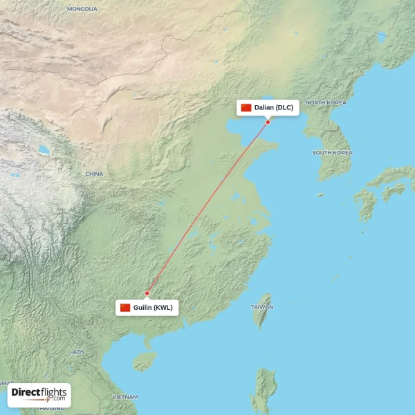 Guilin - Dalian direct flight map
