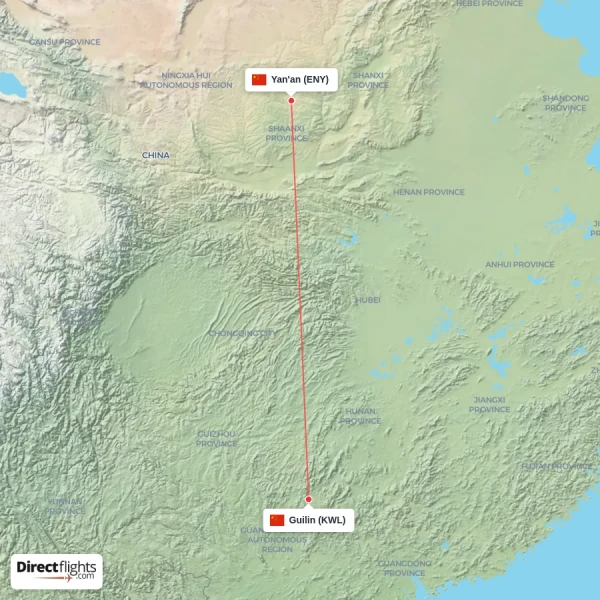 Guilin - Yan'an direct flight map