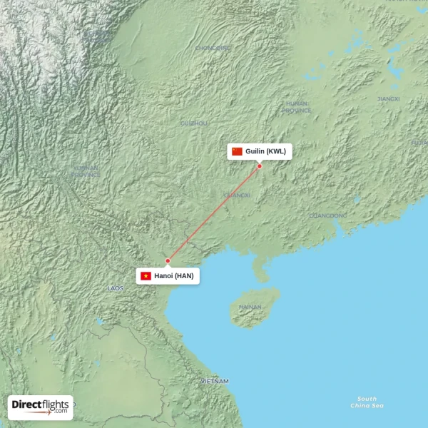 Guilin - Hanoi direct flight map