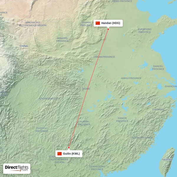 Guilin - Handan direct flight map