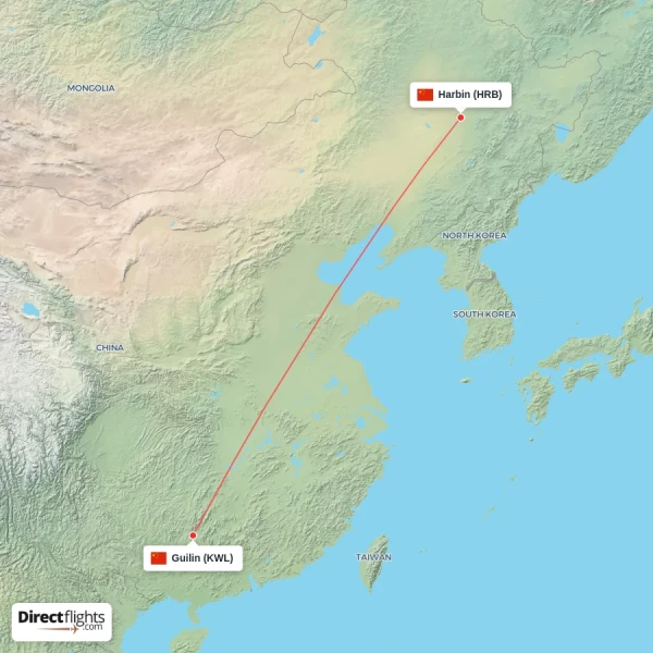 Guilin - Harbin direct flight map