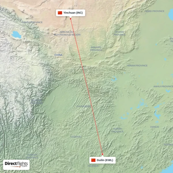 Guilin - Yinchuan direct flight map