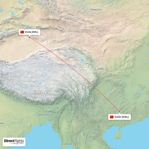 Guilin - Korla direct flight map