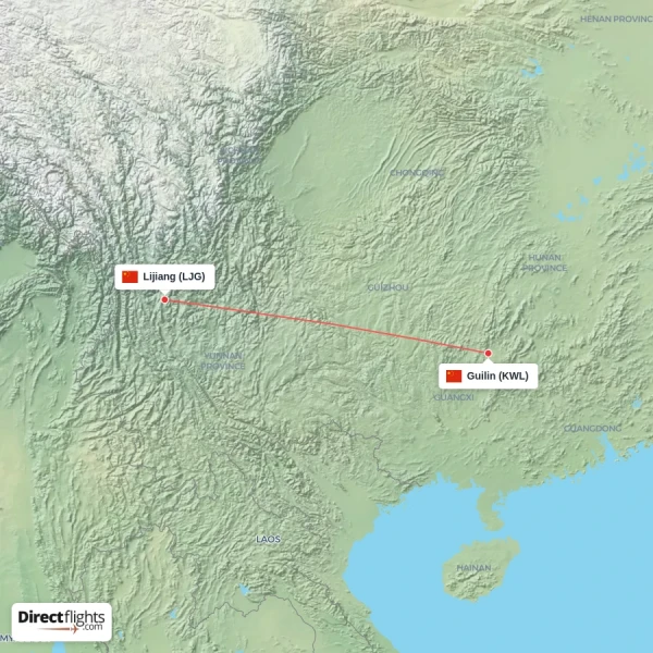 Guilin - Lijiang direct flight map