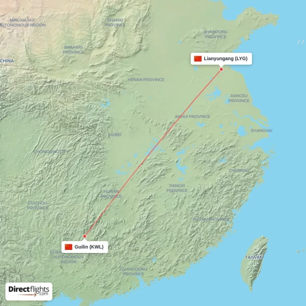 Guilin - Lianyungang direct flight map