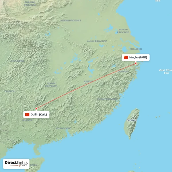 Guilin - Ningbo direct flight map