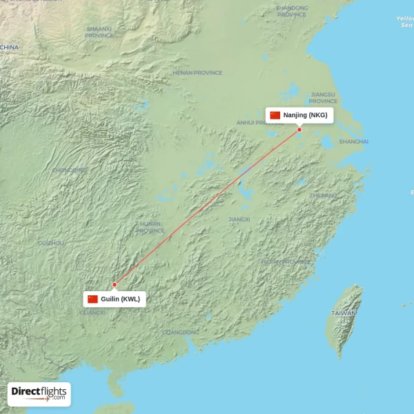 Guilin - Nanjing direct flight map