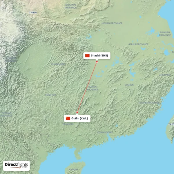 Guilin - Shashi direct flight map