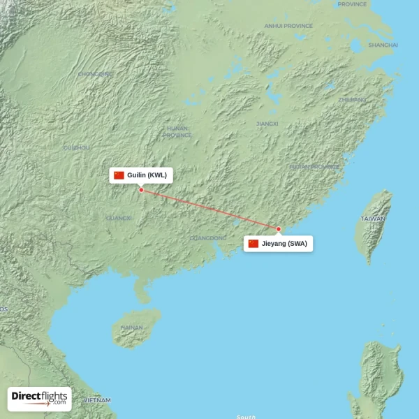 Guilin - Jieyang direct flight map