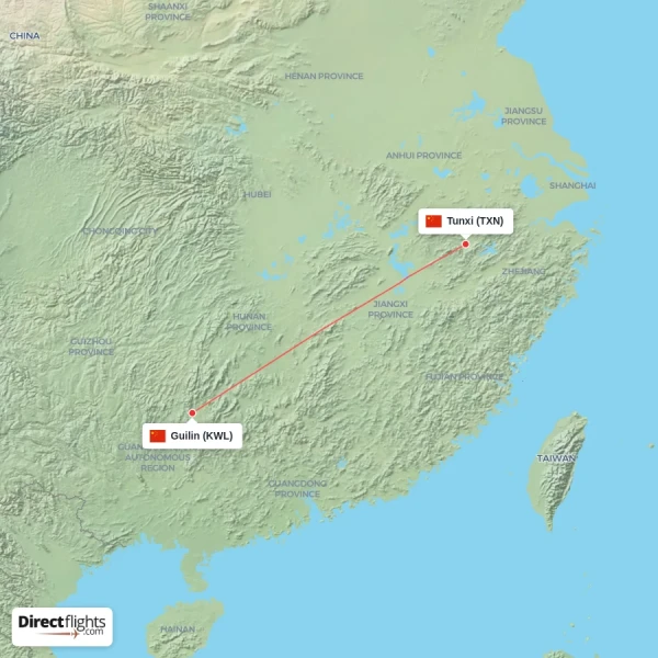 Guilin - Tunxi direct flight map