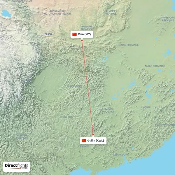 Guilin - Xian direct flight map
