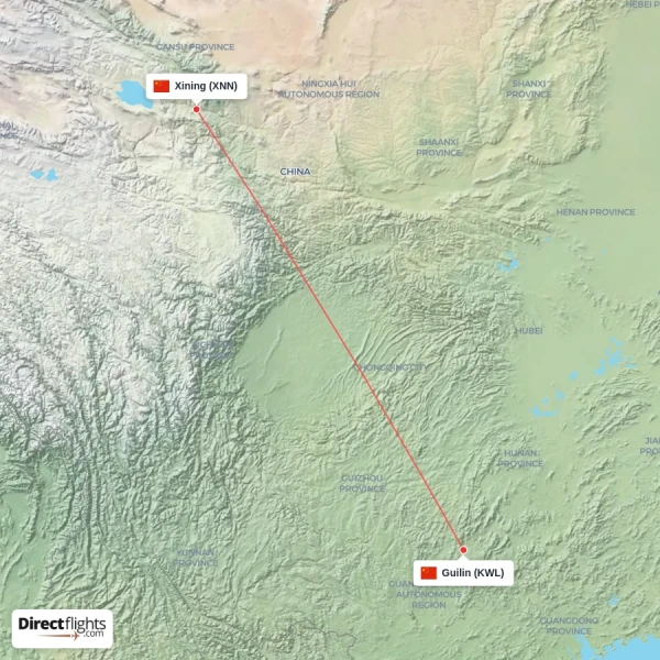 Guilin - Xining direct flight map