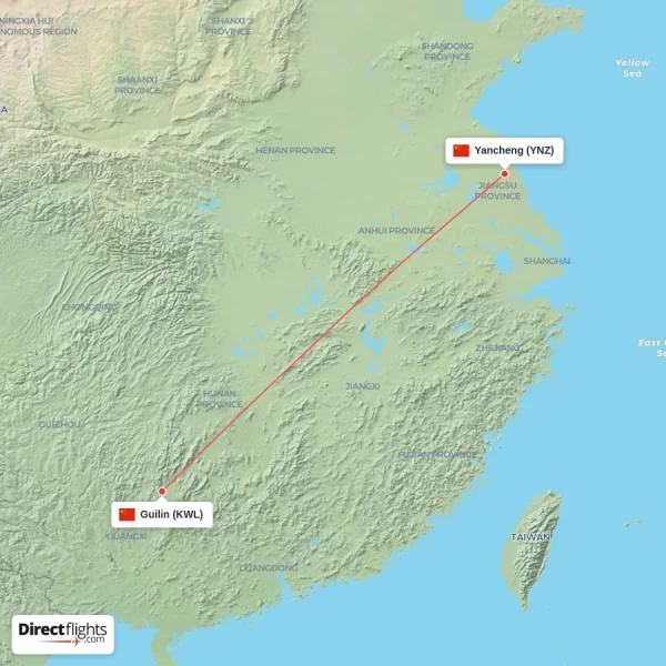 Guilin - Yancheng direct flight map
