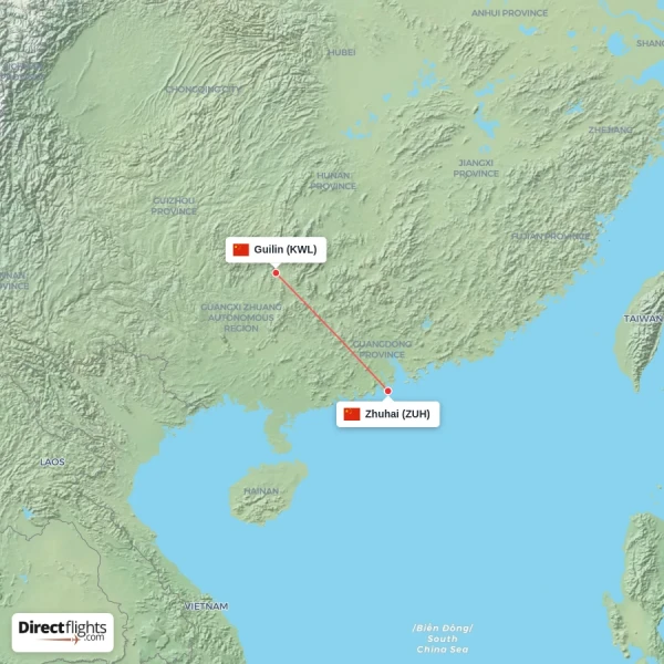 Guilin - Zhuhai direct flight map