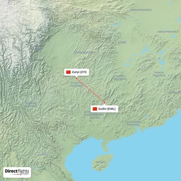 Guilin - Zunyi direct flight map
