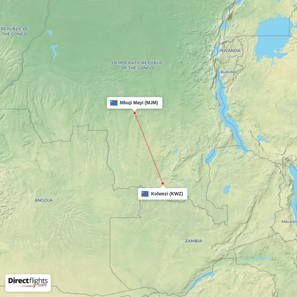 Kolwezi - Mbuji Mayi direct flight map