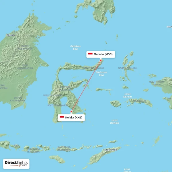 Kolaka - Manado direct flight map