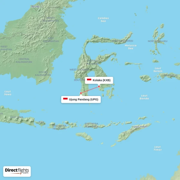 Kolaka - Ujung Pandang direct flight map