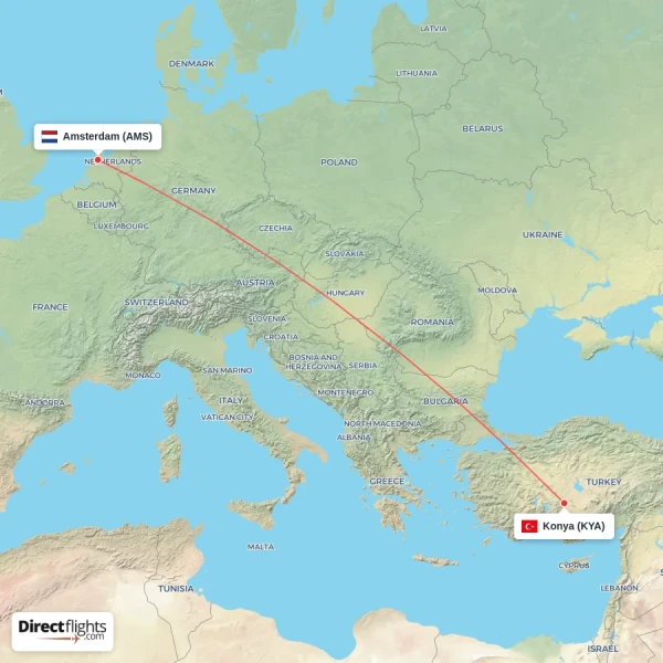 Konya - Amsterdam direct flight map