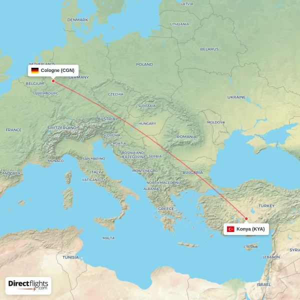 Konya - Cologne direct flight map