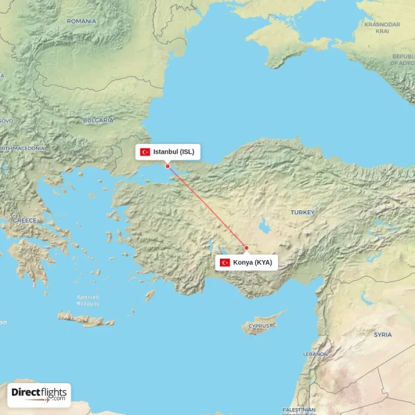 Konya - Istanbul direct flight map