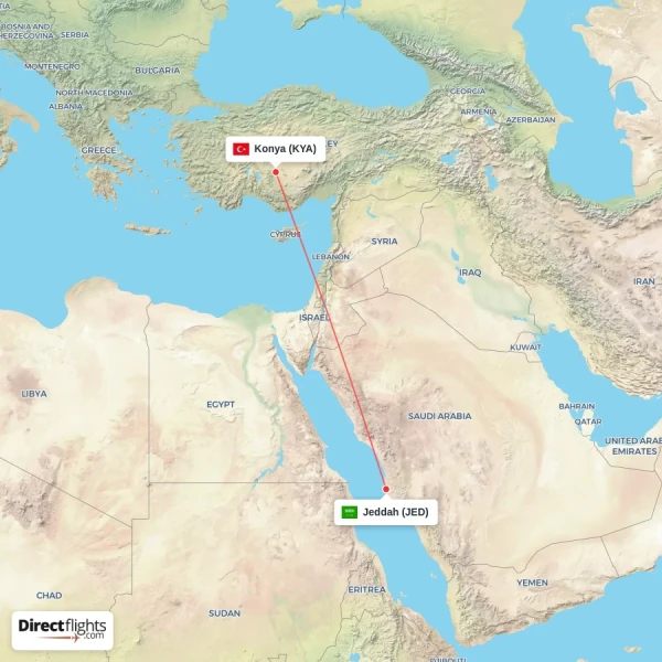 Konya - Jeddah direct flight map
