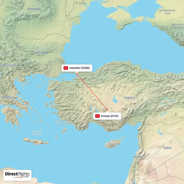 Konya - Istanbul direct flight map