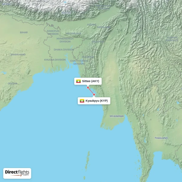 Kyaukpyu - Sittwe direct flight map