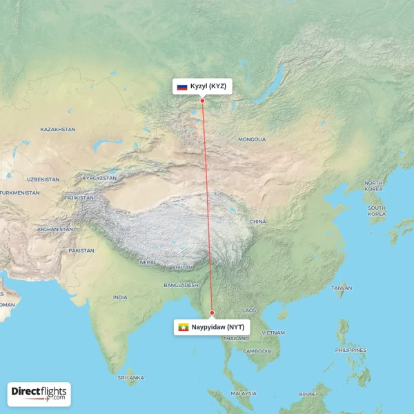Kyzyl - Naypyidaw direct flight map