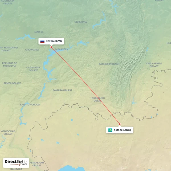 Kazan - Aktobe direct flight map