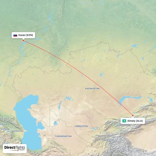 Kazan - Almaty direct flight map