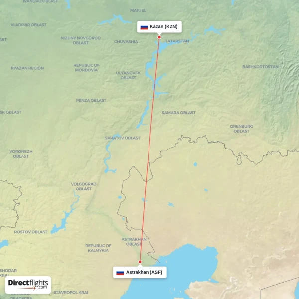 Kazan - Astrakhan direct flight map