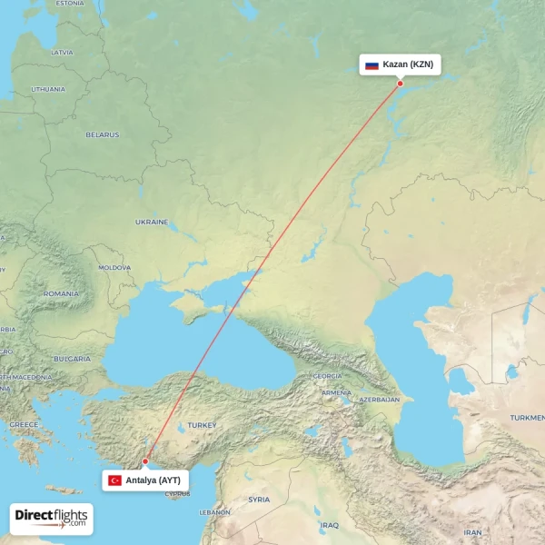Kazan - Antalya direct flight map