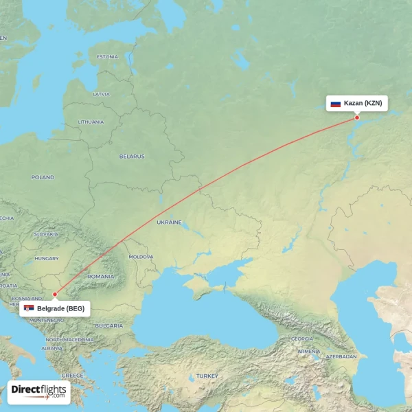 Kazan - Belgrade direct flight map