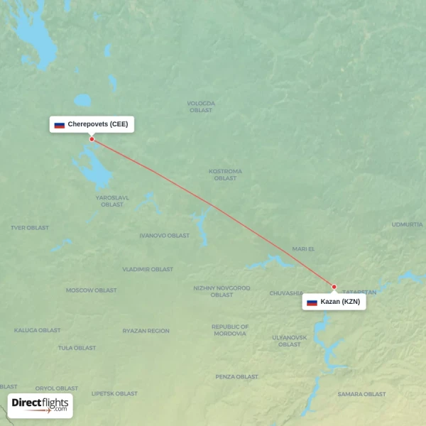 Kazan - Cherepovets direct flight map