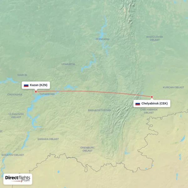 Kazan - Chelyabinsk direct flight map
