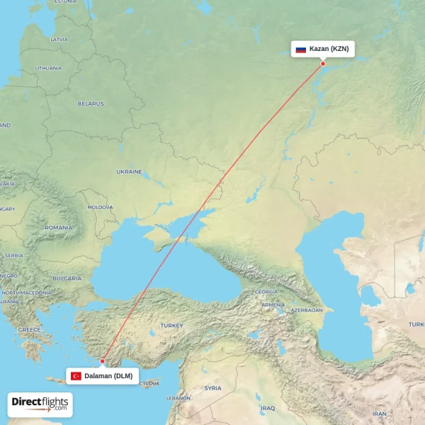 Kazan - Dalaman direct flight map