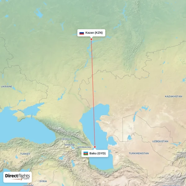 Kazan - Baku direct flight map
