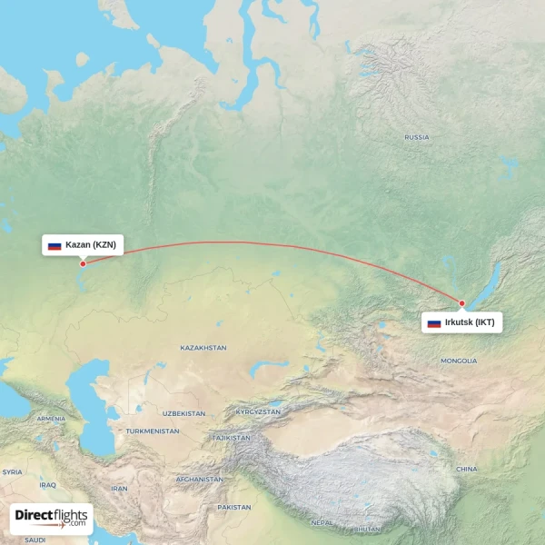 Kazan - Irkutsk direct flight map