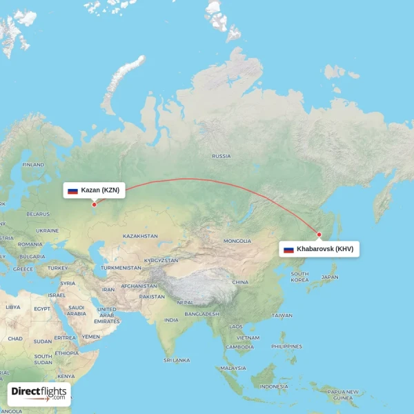 Kazan - Khabarovsk direct flight map