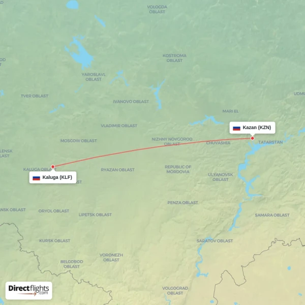 Kazan - Kaluga direct flight map