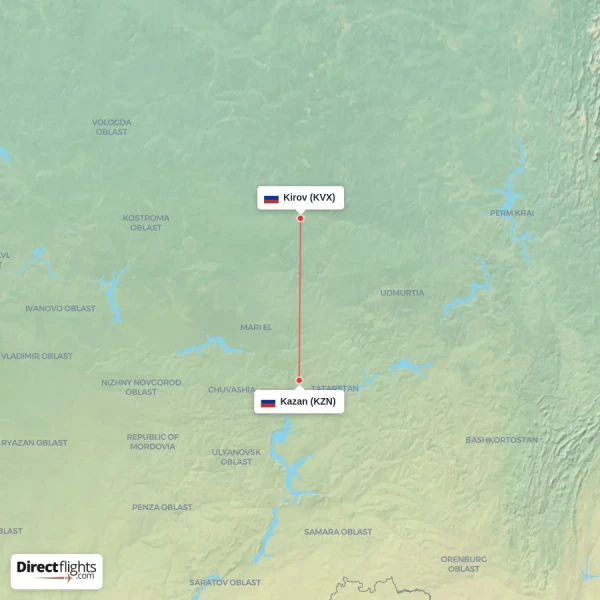 Kazan - Kirov direct flight map